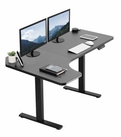 Electric 58" × 35" Corner Sit Stand Desk, Black Table Top, Black Frame