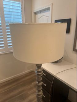 Modern Grey Spindle Floor Lamp with White Drum Shade