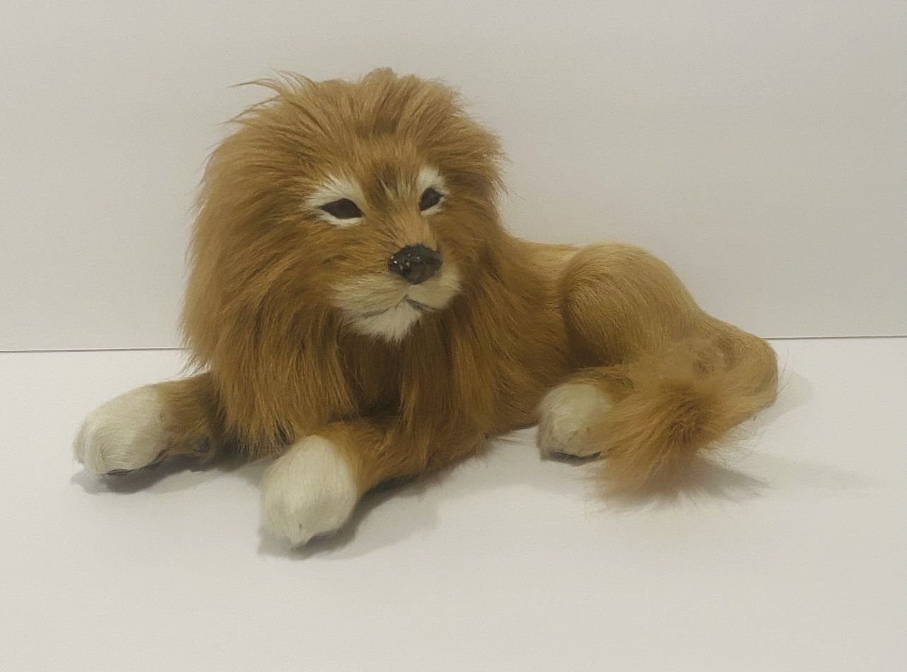 Vintage Lion Figurine Real Fur Glass Eyes Hair Sculpture Very Rare 9”-5” 