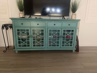 Teal TV Console Cabinet with Glass Doors