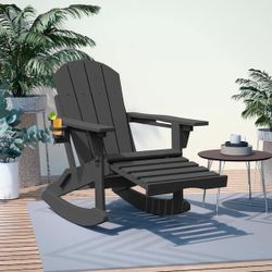 Folding Adirondack Rocking Chair Black,4-in-1 Multifunctional Patio Chair with Retractable Ottoman(1-Pack)