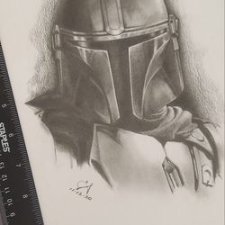 Mandalorian  Graphite Drawing On Bristol Paper