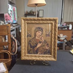 Vintage Mid 20th Century Framed Art Print Of Our Lady Of Perpetual Help - Beautiful Ornate Embossed Scrollwork Frame 12.5x10.5