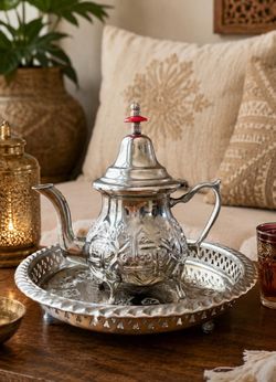 Authentic Moroccan Silver-Tone Tea Pot & Serving Tray Set