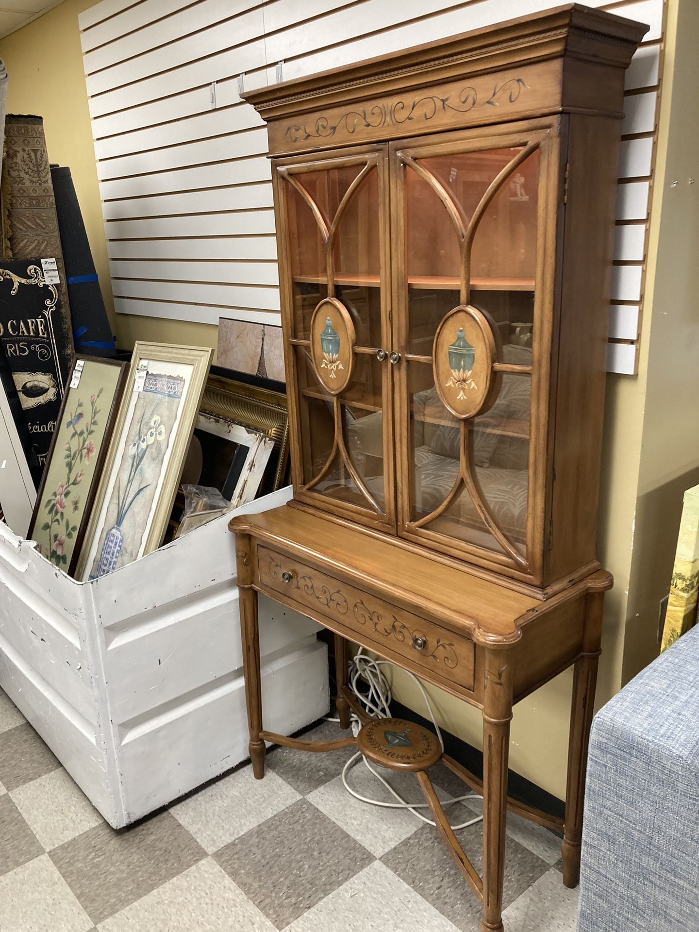 Antique Lighted Wood Cabinet W/ Hutch