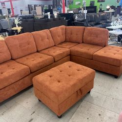 Brand New Orange Sectional With Storage Ottoman 