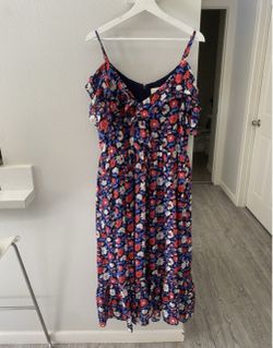 Kate Spade Size 14 Daisy Satin Midi Shift Dress Navy Red Silk V Neck Sleeveless