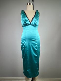Bebe Teal Satin V-Neck Black Lace Trim Midi Bodycon Dress 90s Y2K Size XS