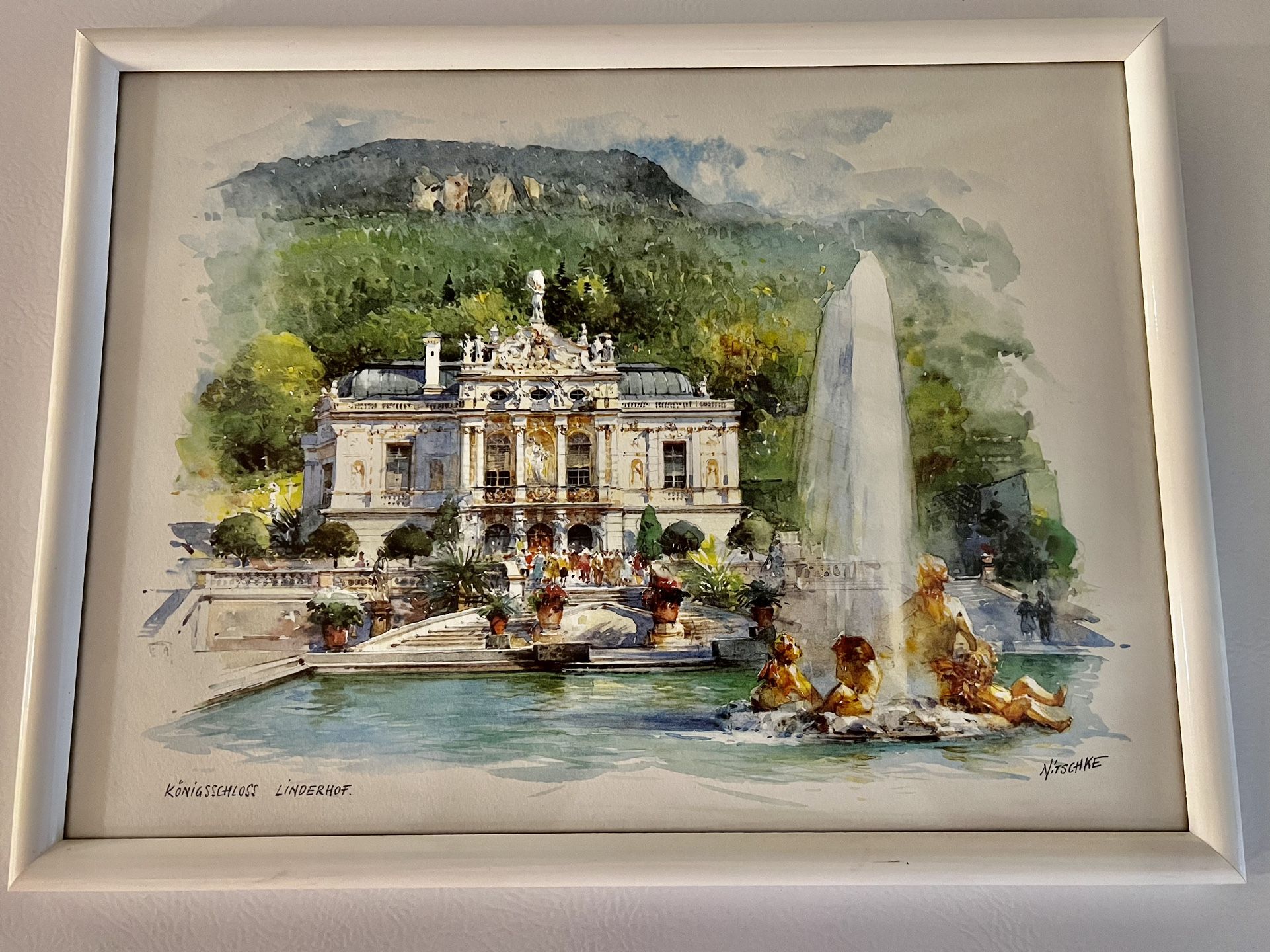 Original Watercolor konigsschloss Linderhof Nitschke artist