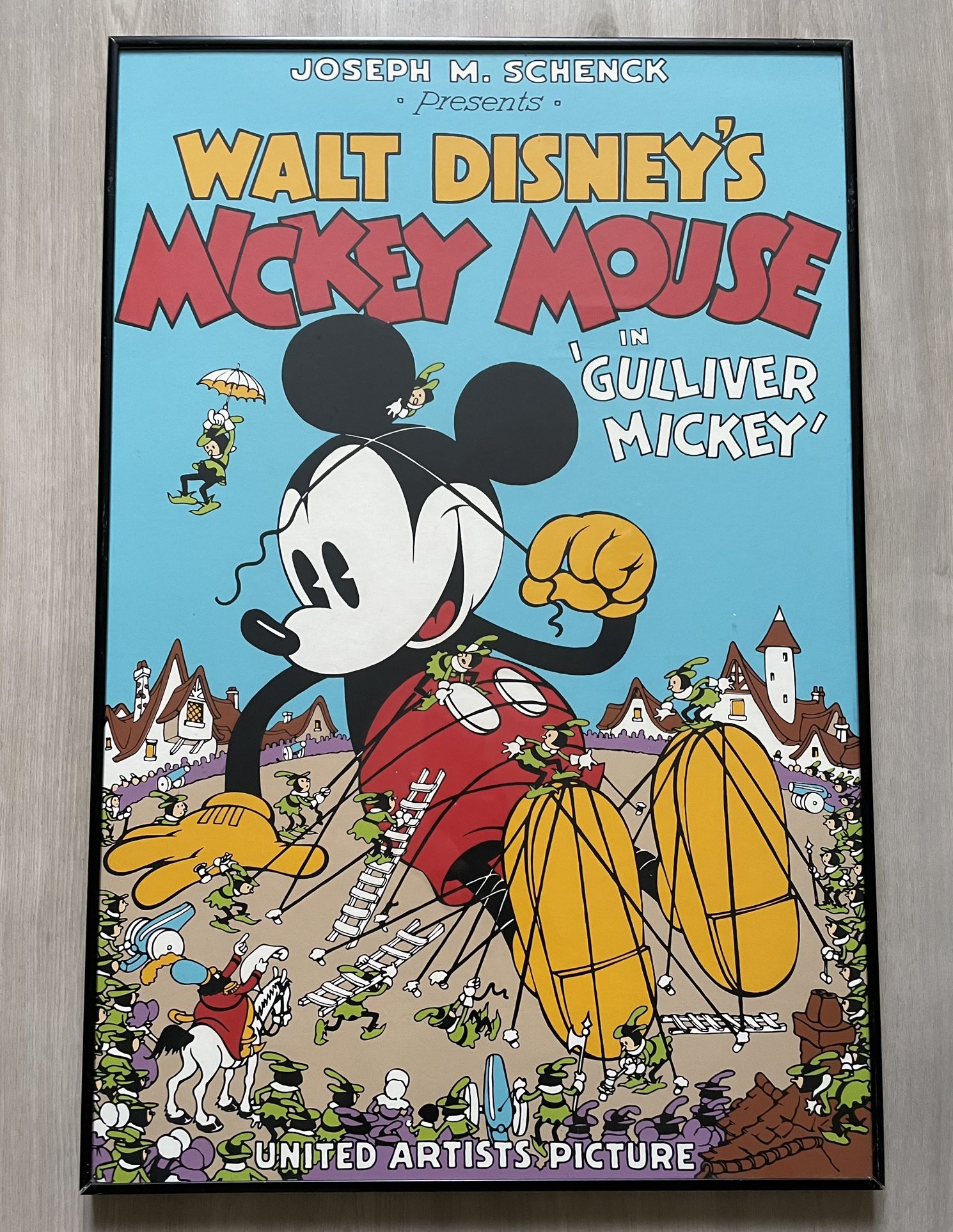 Vintage 80s Walt Disney's Mickey Mouse in Gulliver Lithograph 28.5x19 FRAMED w/ GLASS