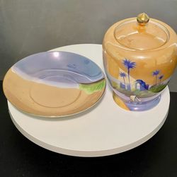 Noritake M Vintage 1930’s Handpainted Peach Blue Lustre Sugar Bowl Saucer