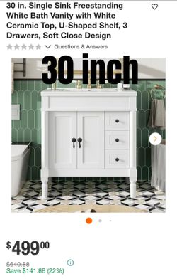 30-Inch White Freestanding Bath Vanity with Ceramic Top
