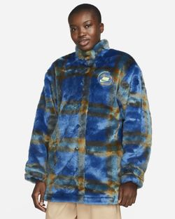 Nike Sportswear Women's Oversized Faux Fur Jacket Plaid DD4541-476 Size XS, M, L $200