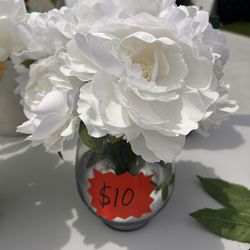 White Flowers With Glass/metal Vase