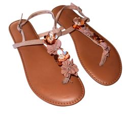 Big Buddha Embellished Thong Sandals Heel Strap Rose Gold Tan Pearls Size 9  These Big Buddha thong sandals are designed for women in size 9, featurin