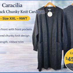 Caracilia Womens XXL Long Black Knit Cardigan Open Front Pockets NWT