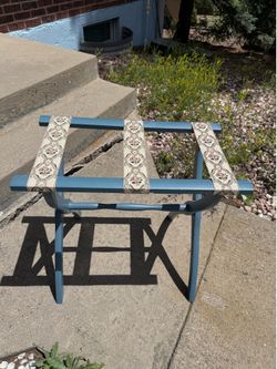Vintage Blue Scheibe Wood Luggage Folding Rack Stand Tapestry Fabric Straps