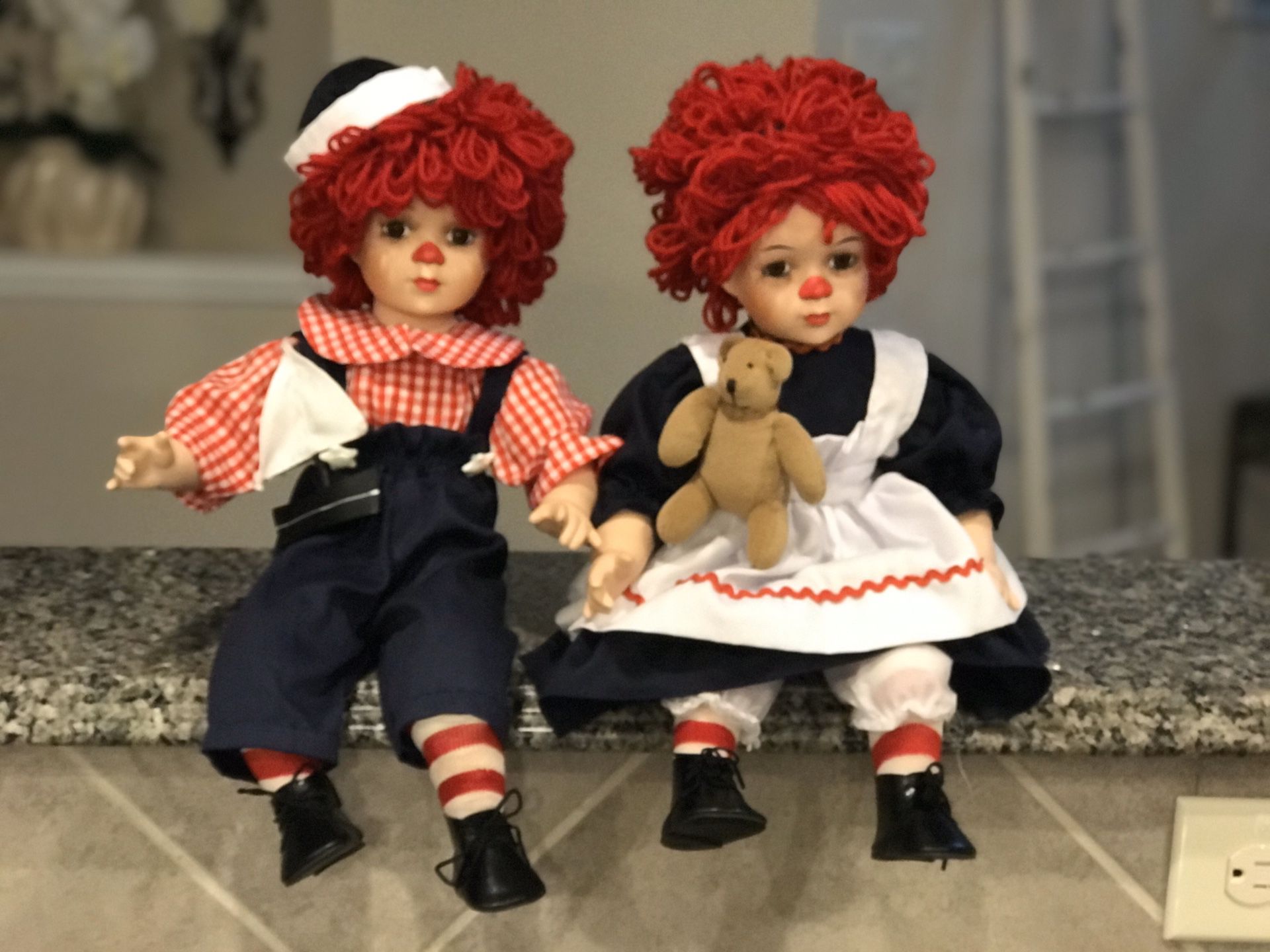 Vintage Porcelain Pair Raggedy Ann dolls Glass Eyes eyelashes! Collectible doll