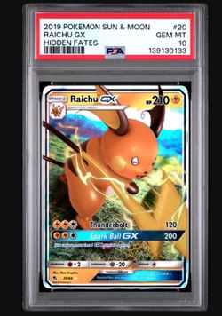 2019 POKEMON SUN & MOON HIDDEN FATES #20 RAICHU GX PSA 10