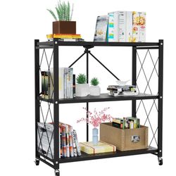 3-Tier Foldable Storage Shelf with Wheels - Metal Collapsible Shelving Unit Display Rolling Cart for Books Kitchen Storage Shelves Pantry & Closet Org