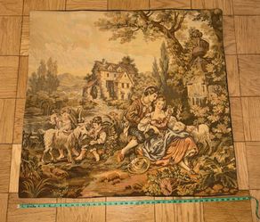 Vintage Tapestry Wall Art Hand Woven Needlepoint French Family Scene Countryside