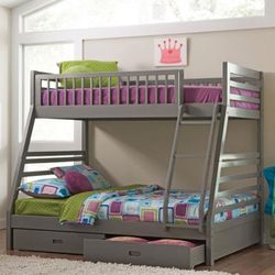 2-DRAWER WOOD TWIN OVER FULL BUNK BED GREY No Mattress 
