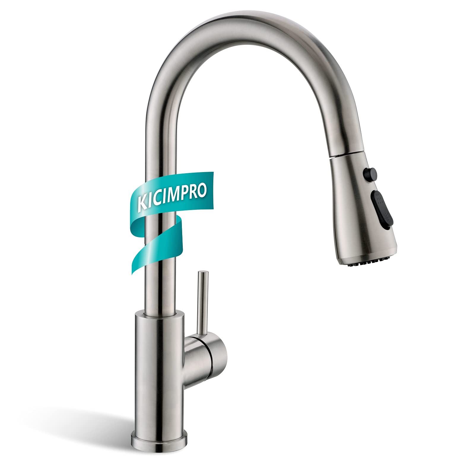 Kicimpro Kitchen Faucet with Pull Down Sprayer Brushed Nickel, High Arc Single Handle Kitchen Sink Faucet with Water Lines, Commercial Modern rv Stain