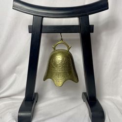 Antique Large Black Wooden 18.5” Pagoda Temple w/ Solid Brass Bell Gong, c. 1925