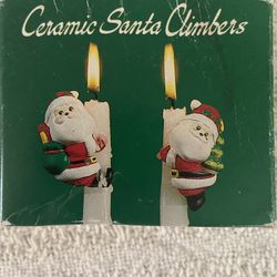 Vintage Ceramic Set Of 2 Santa Candle Climber Hugger 1950s Holidays Original Box