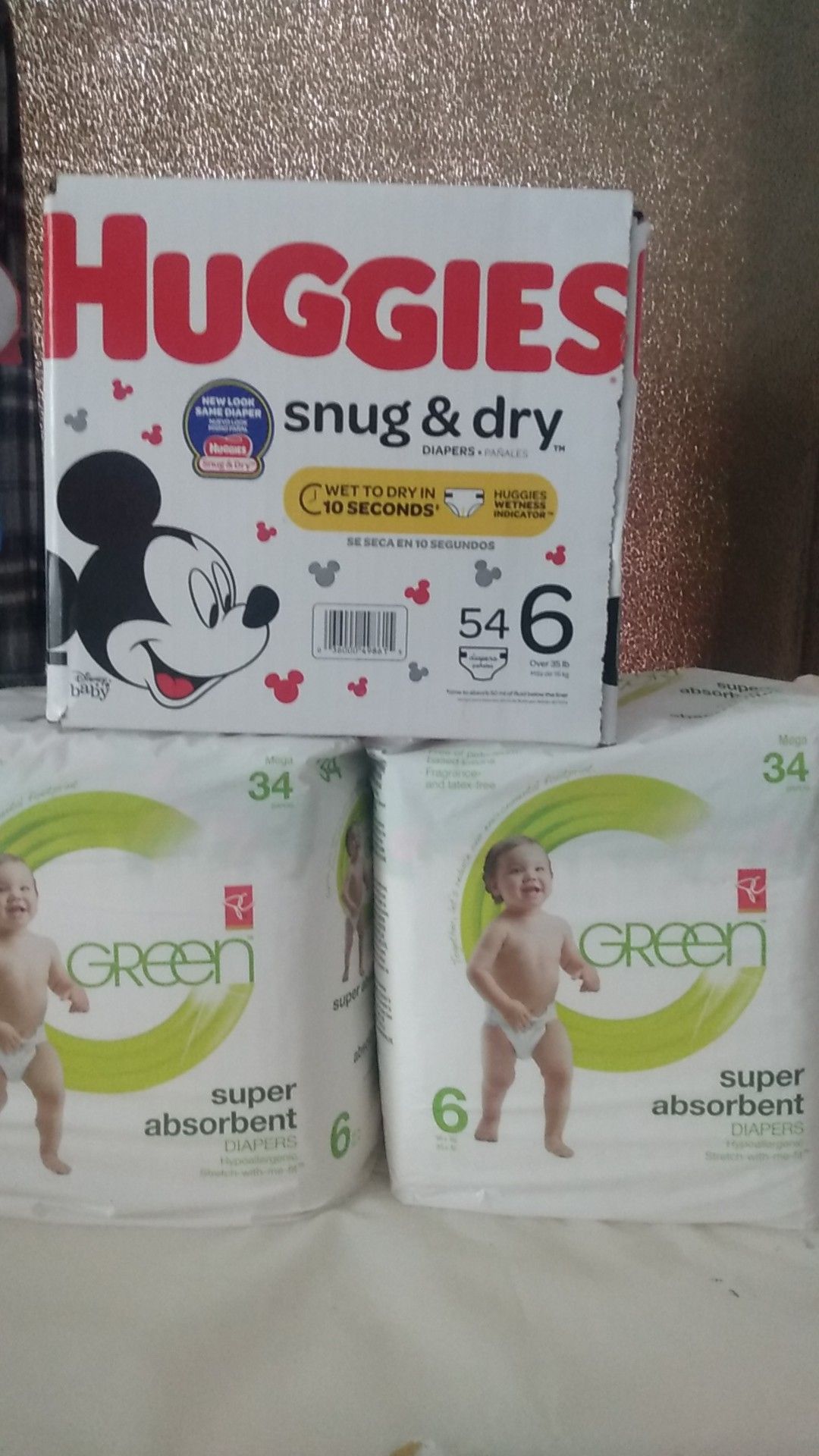 Pack of Huggies 54 pal size 6 @ 2green stretch with me 34 paks size 6