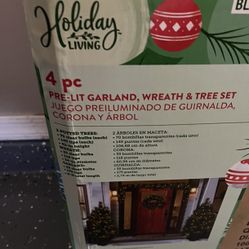 Holiday Living Indoor/Outdoor Pre-Lit 24-in Artificial Christmas Wreath, Garland, Potted Tree Set