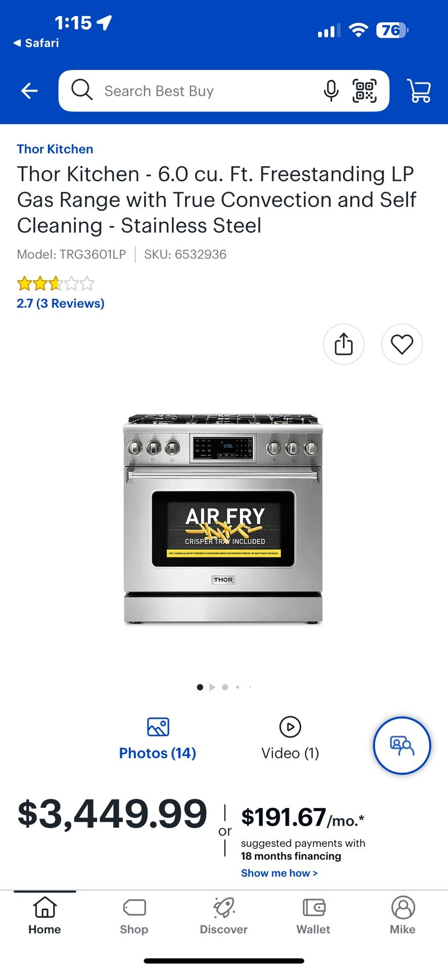 NEW 36”THOR (LP) LIQUID PROPANE CONVECTION 6.0 cu ft RANGE WITH A FACTORY WARRANTY 3/21/25. minor blemish on the range. SEE PICTURES RETAILS FOR $3200