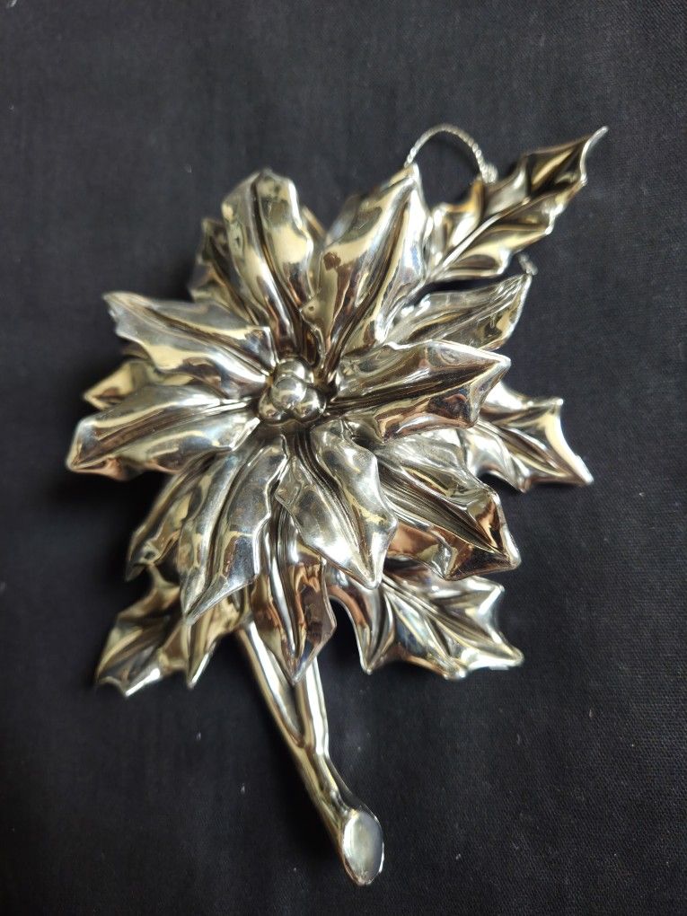 Vtg Large Silver Tone Christmas Ornaments Poinsettia Flower 5"X6"