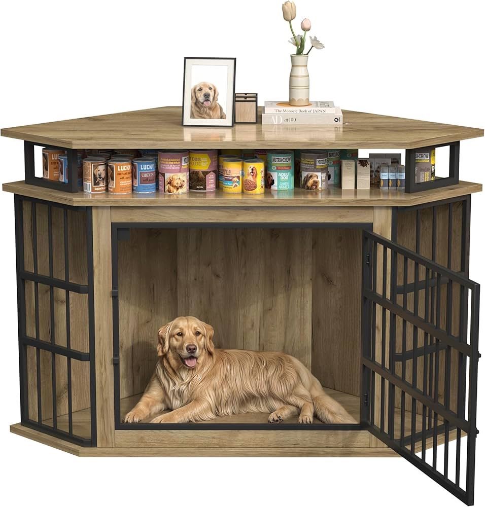 51" Corner Dog Crate Furniture, Wooden Dog Kennel Furniture with 2-Tier Shelves, Decorative Wood Dog House for Small/Medium/Large Dog, Space-Saving Do