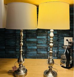 Brushed Nickel Table Lamps with Drum Shades – Set of 2
