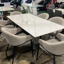 Modern Minimalist Matte Sintered Stone Dining Table Rectangular and Stainless Steel Base w. 6 Chairs