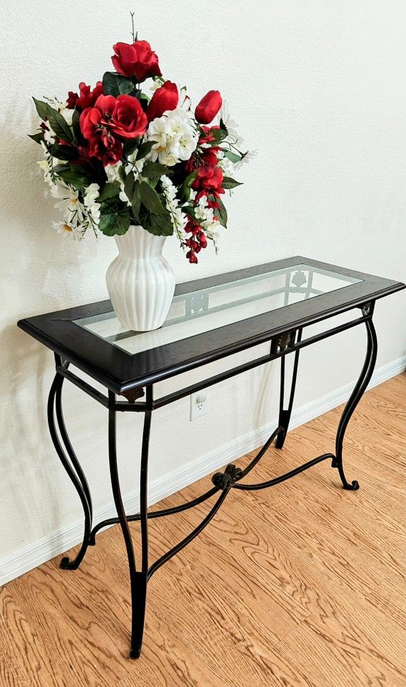 Vintage French Provincial Black Metal Glass Rectangular Ornate Console Entryway Table Entry Way Hallway Sofa Couch