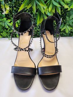 Christian Louboutin Choca Lux 120 Black Leather Spike Heels Womens 8 Red Bottom Sandals