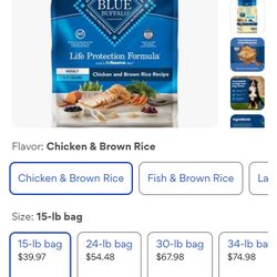 15lb Bag Of Blue Buffalo Adult Dog Food, Chicken And Brown Rice