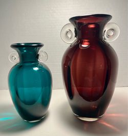 Pair of Hand Blown Art Glass Vases Amethyst Purple & Blue Green Bubble Handles