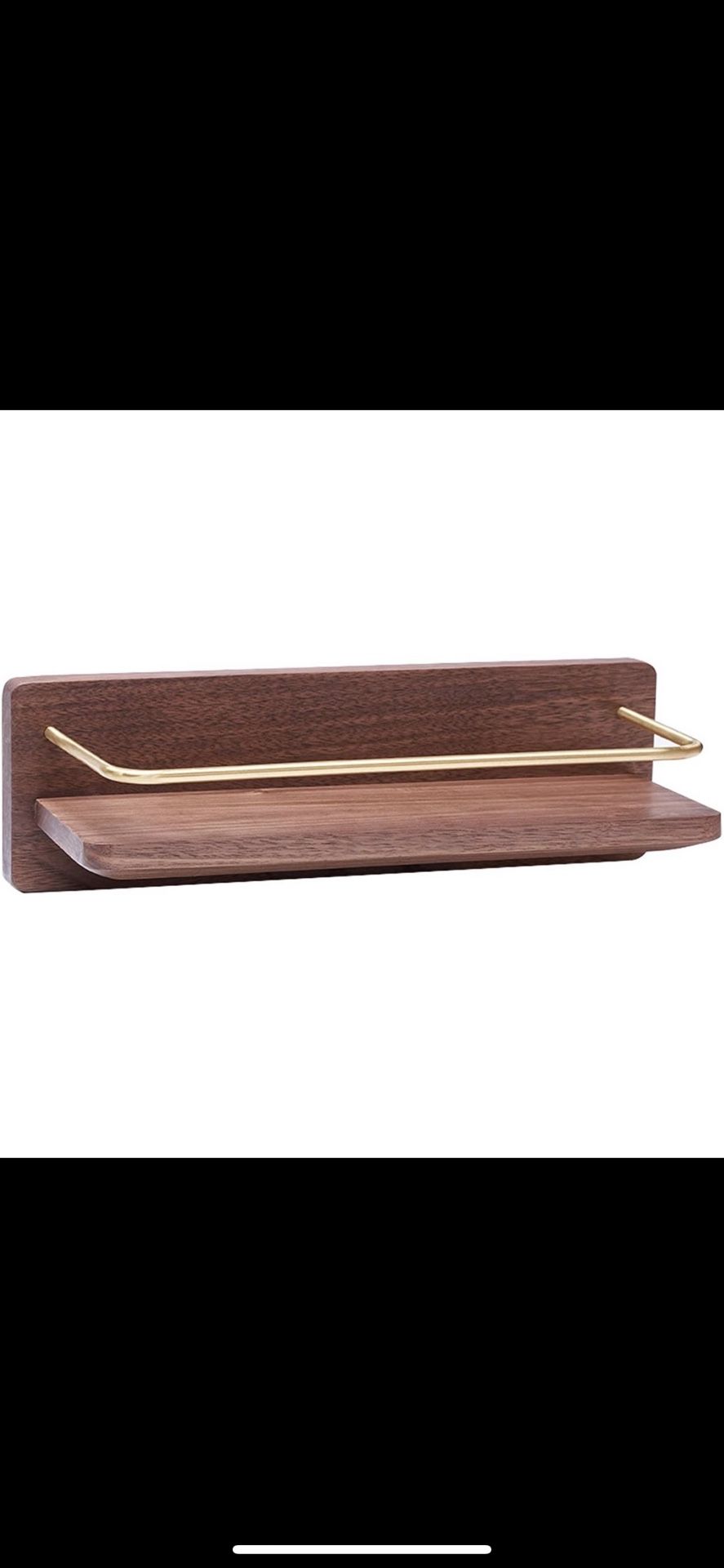 New in box Floating Wall Shelves for Bathroom No Drill Shelf Stick Adhesive Wood Towel Rack with Brass Bar (Walnut)