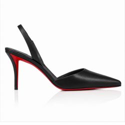 CHRISTIAN LOUBOUTIN APOSTROPHA BLACK LEATHER SLING PUMPS MISS Z HEEL SZ 42 NEW