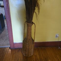 Large Vintage Wicker Rattan Vase 70's 