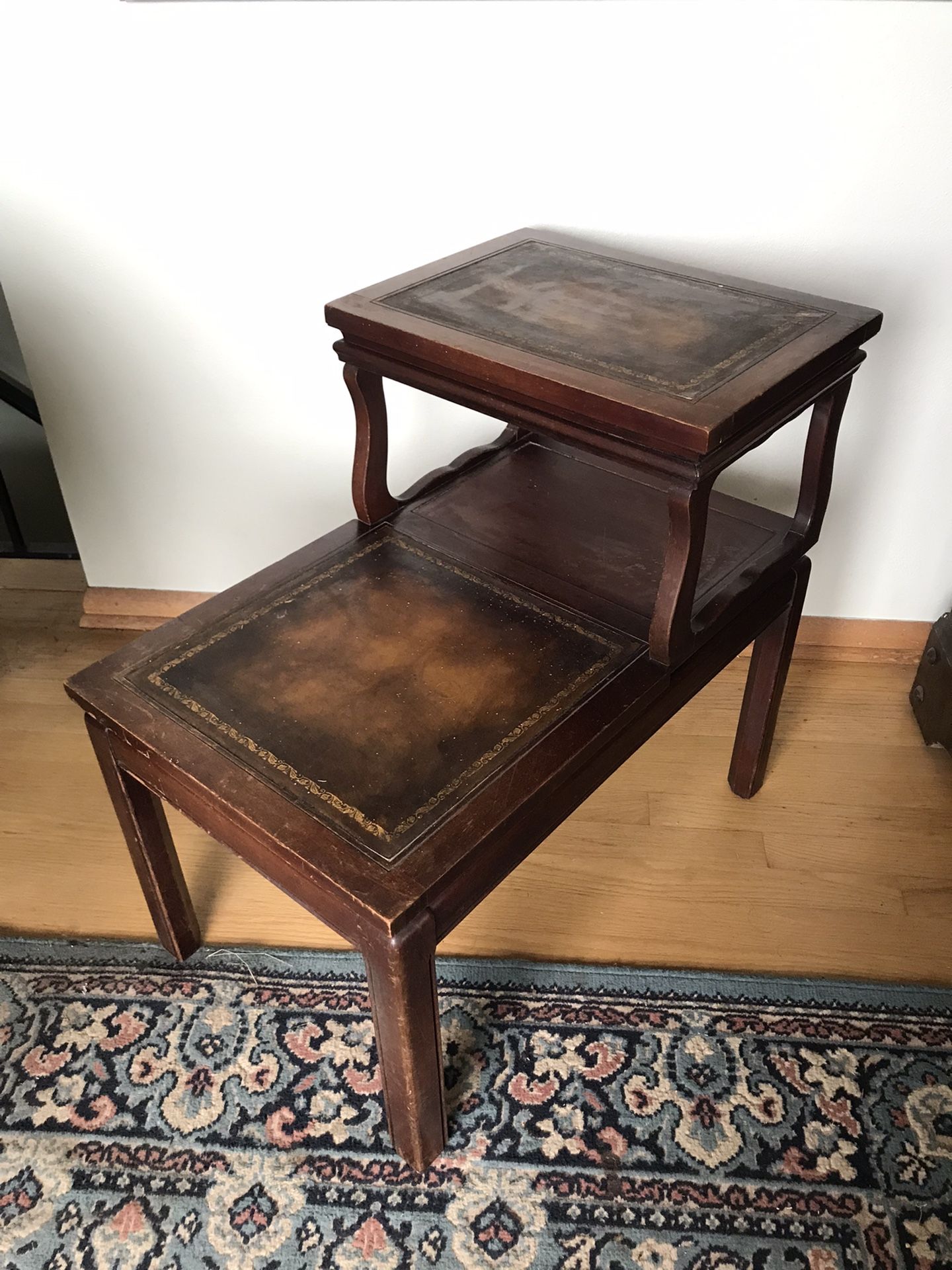 Vintage Antique MCM Two Tier End Table Leather Top