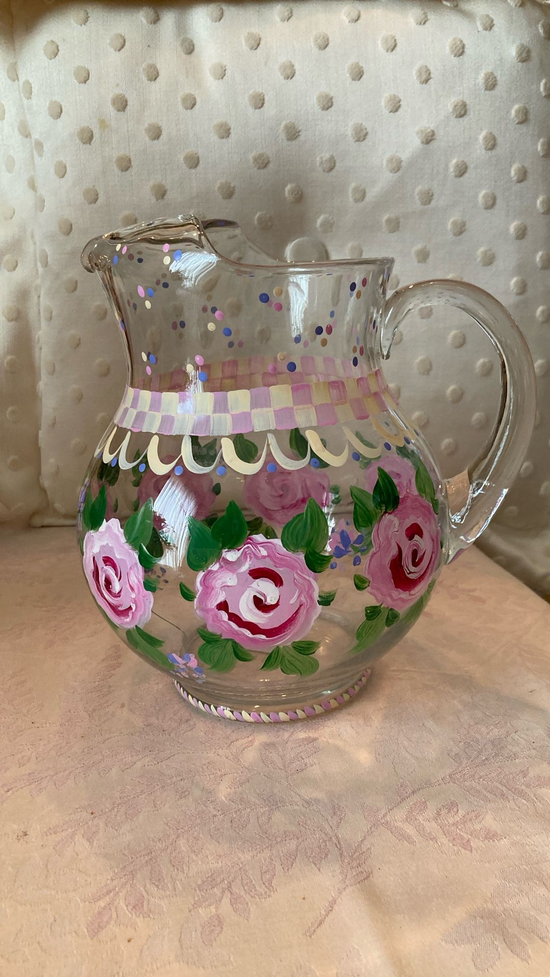 Hand Painted frosted glass pitcher with soft pink roses. 2 quarts