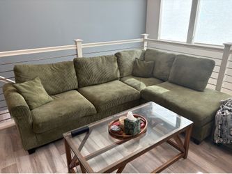 Green Corduroy Sectional Sofa with Ottoman