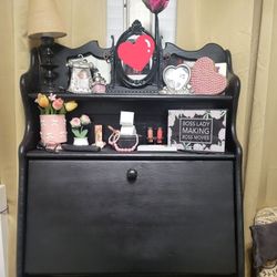 Vintage Style Bookcase With Cubby Holes ,Mirror And Pull Down Table Top Desk Vanity Type Use As Spice Rack In Kitchen Or Great In A Restroom/ Any Room