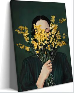 New 16*24”Framed Green Abstract Woman Wall Art,Mimosa Flower Canvas Minimalist Figurative Boho Decor
