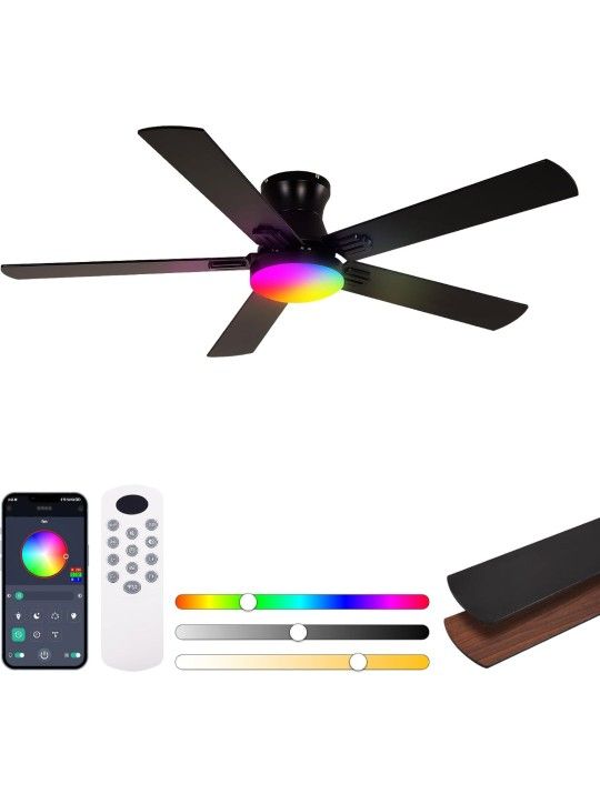 52 Inch Ceiling Fans with Lights, RGB Ceiling Fan with Remote and App,Flush Mount Low Profile, Dimmable 35W LED, Reversible, Smart Ceiling Fan for Bed