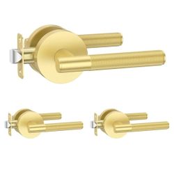 1223: NEW 3 Pack Brushed Gold Passage Door Handles, Heavy Duty Non-Locking Door Levers